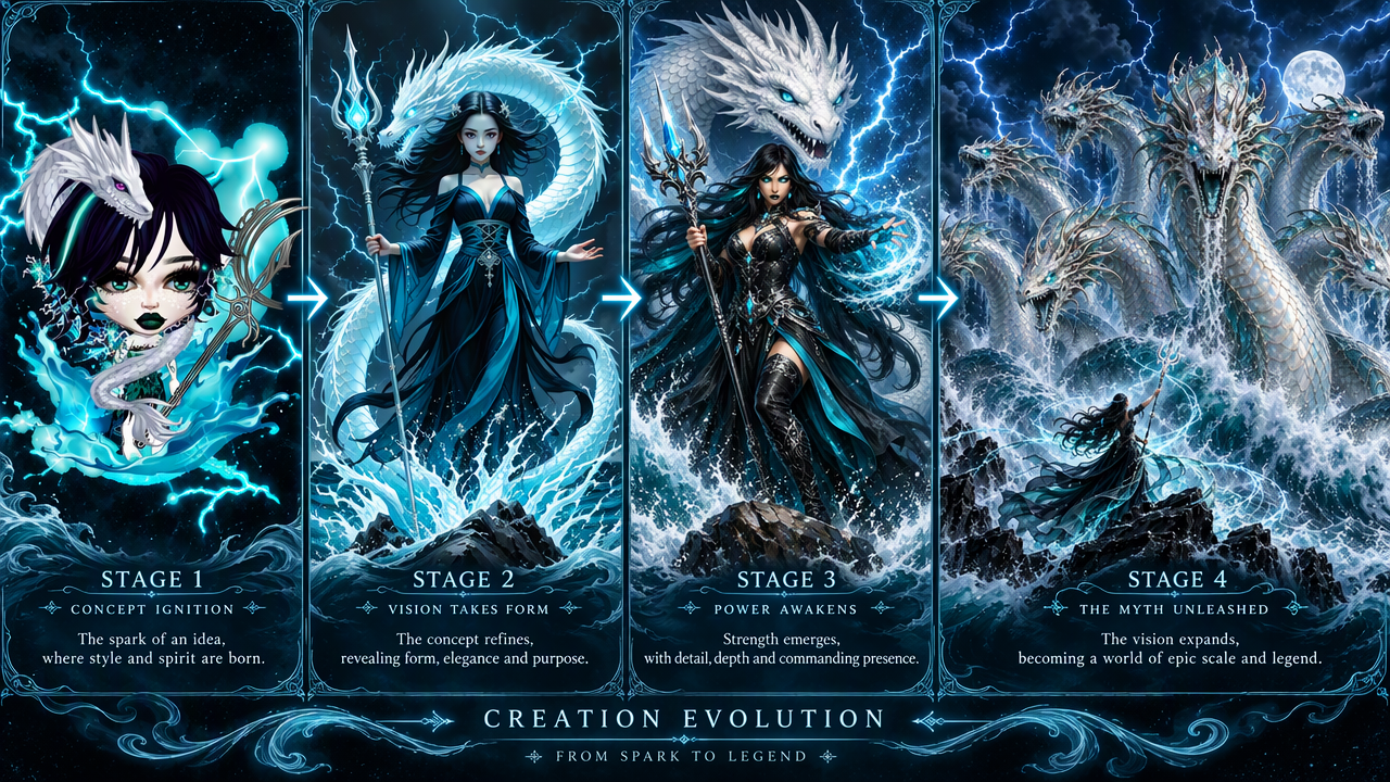 Four panel progression showing a sea witch — AI art by @Sealine ...