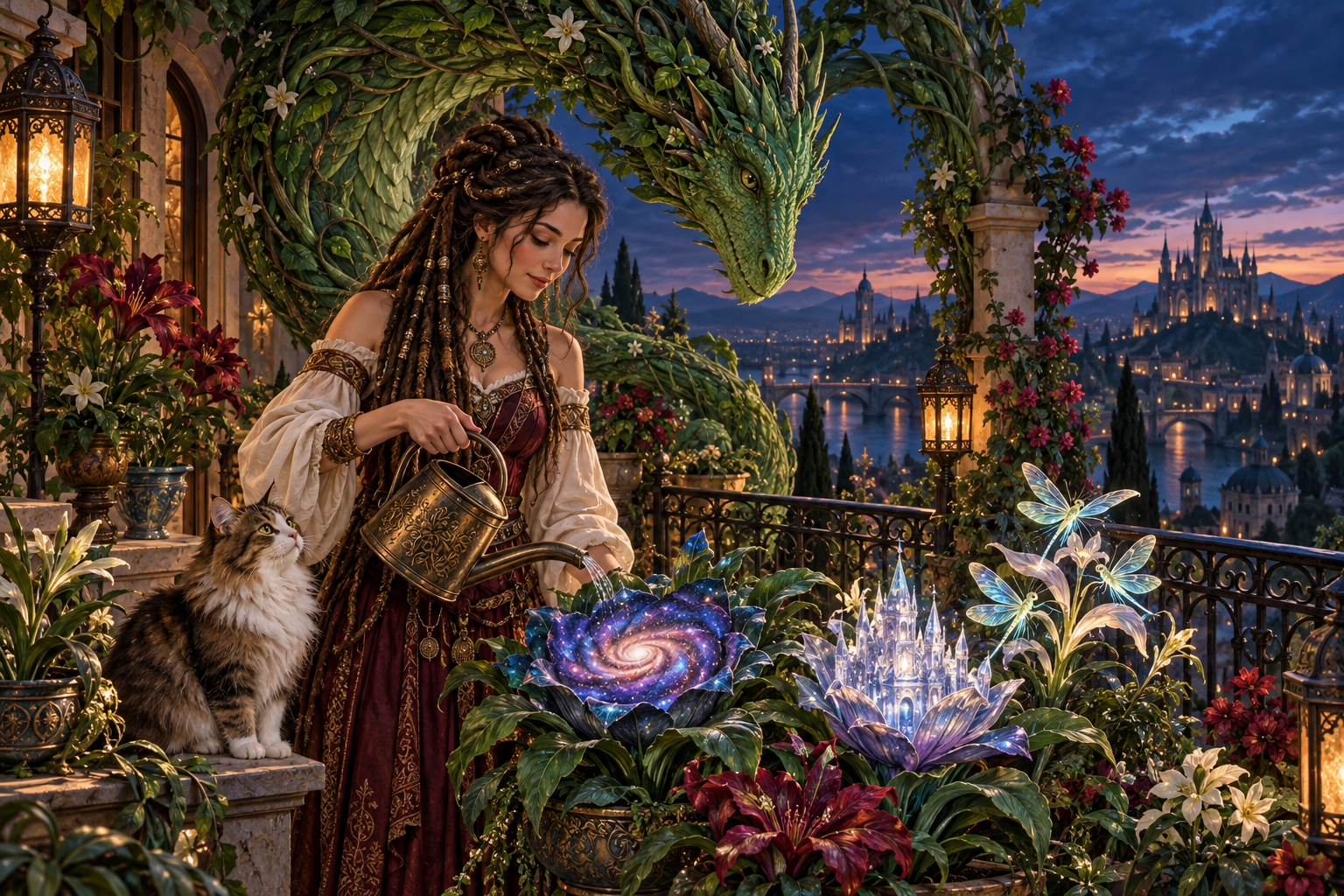 Fantasy woman watering magical glowing flowers on a sunset balcony with a plant dragon and tabby cat