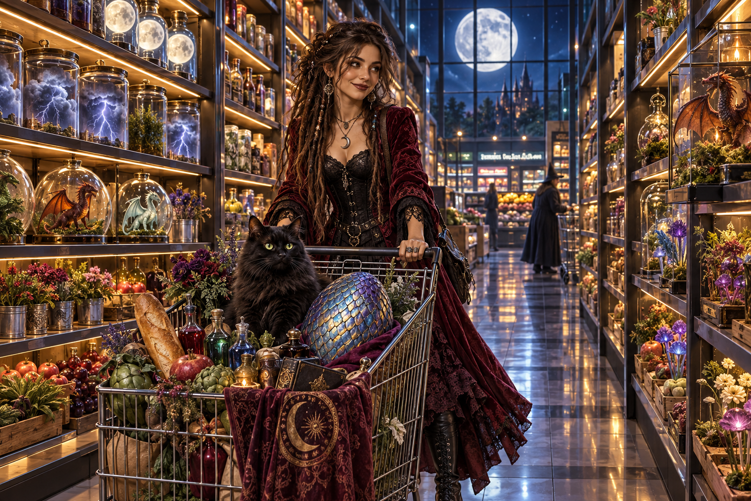 Young witch pushing a shopping cart of magical supplies through an enchanted wizarding grocery store under a full moon