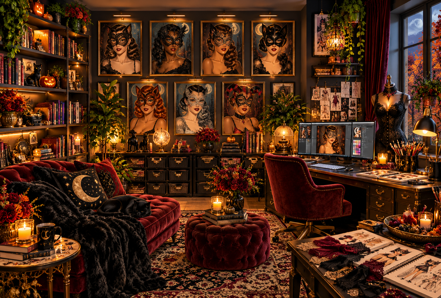 Cozy gothic maximalist artist home office with velvet furniture, a napping black cat, and framed masked portrait wall art