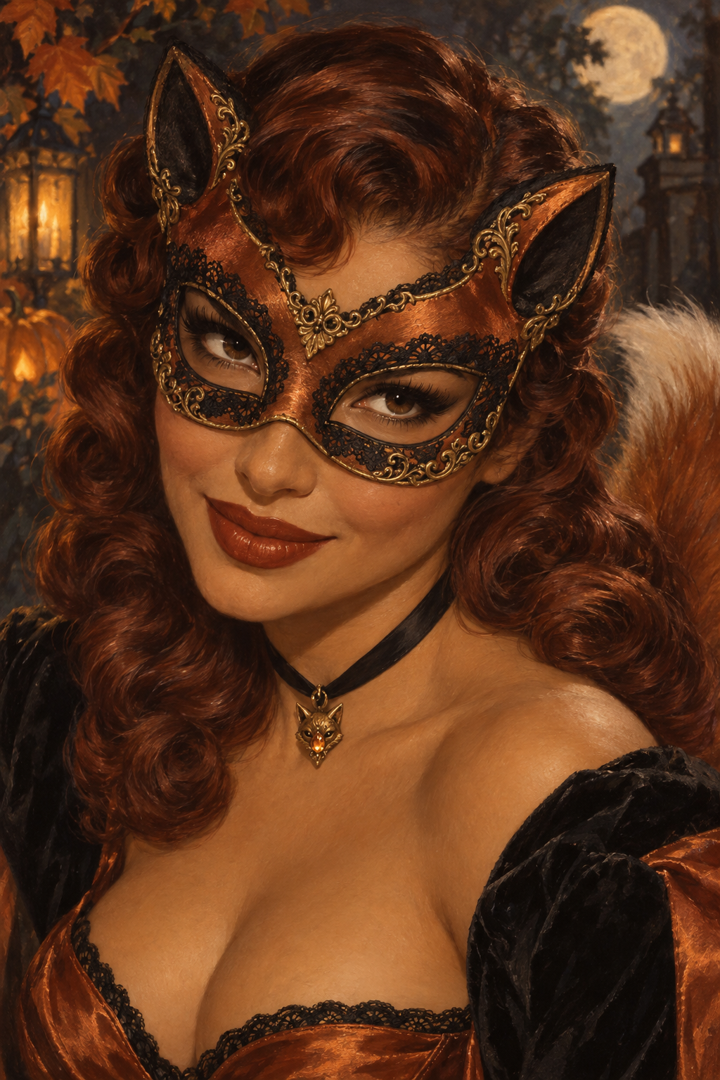 Glamorous red-haired woman wearing an ornate fox masquerade mask on a moonlit Halloween night