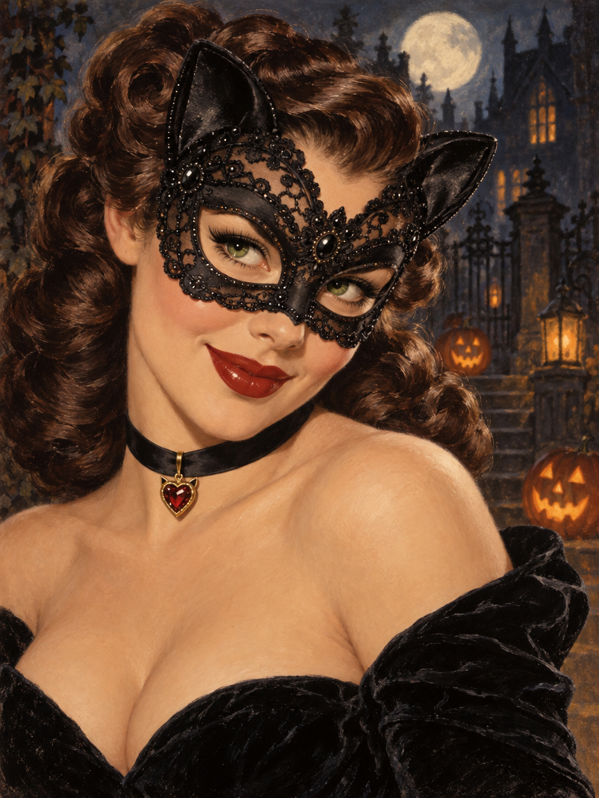 Glamorous retro pinup woman wearing a black lace cat mask against a moonlit Halloween haunted house backdrop