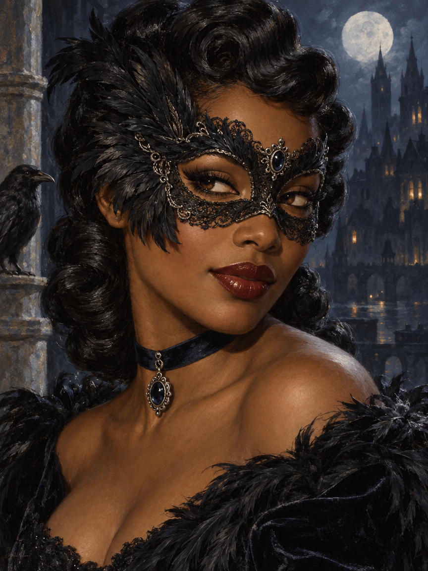 Elegant woman in ornate black masquerade mask with raven, moonlit gothic castle backdrop