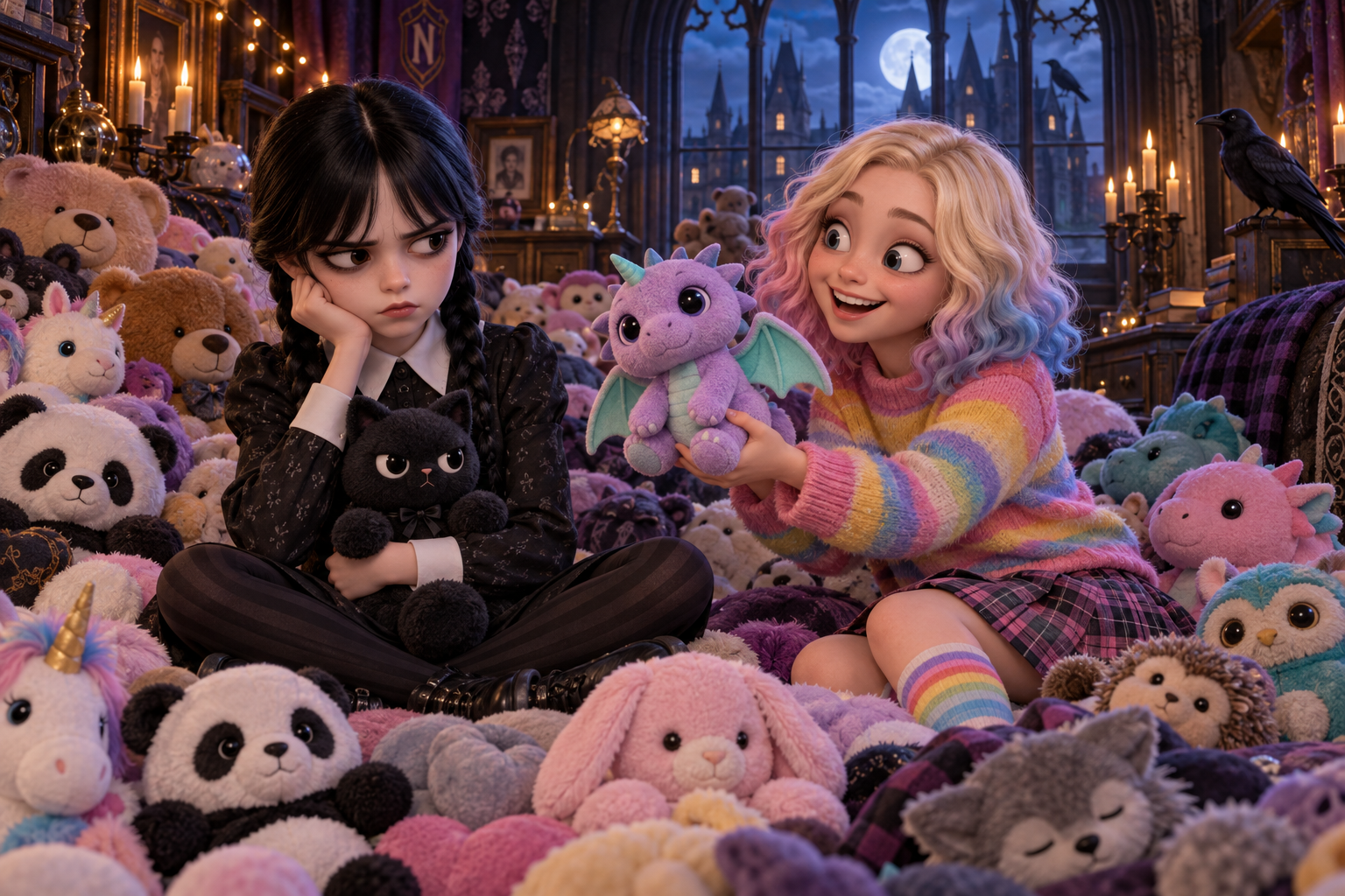 Unamused Wednesday Addams sits surrounded by plushies as Enid Sinclair offers her a stuffed dragon in a Nevermore dorm