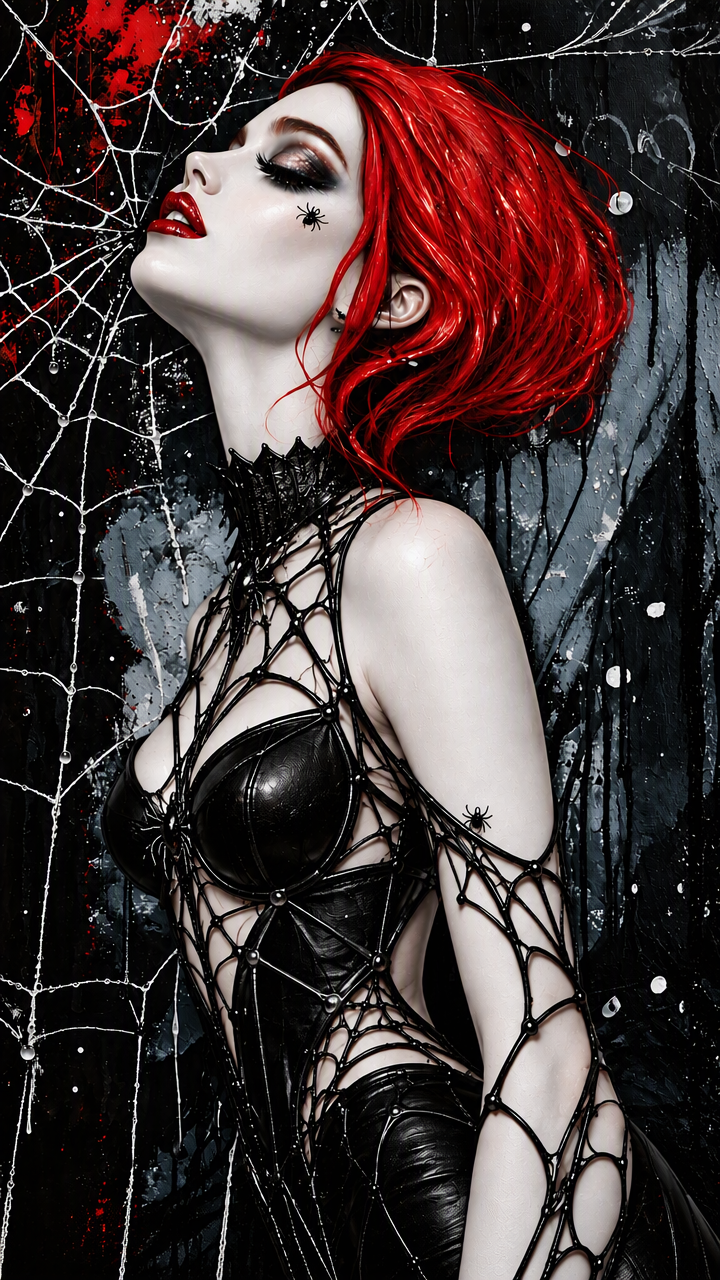 Pale gothic woman with bright red hair wears a spiderweb harness against a cobweb backdrop