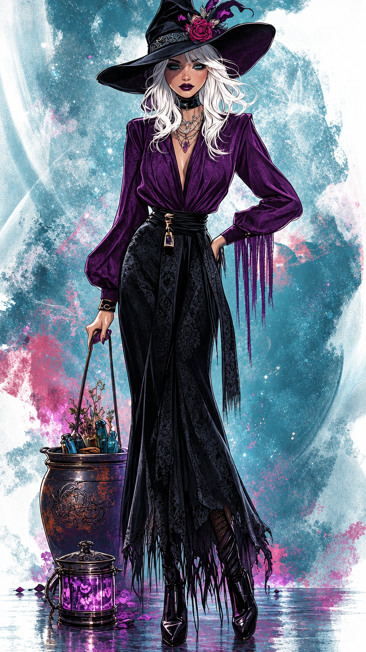 Stylish glamorous white-haired witch stands beside a potion cauldron against a swirling magical cosmic background