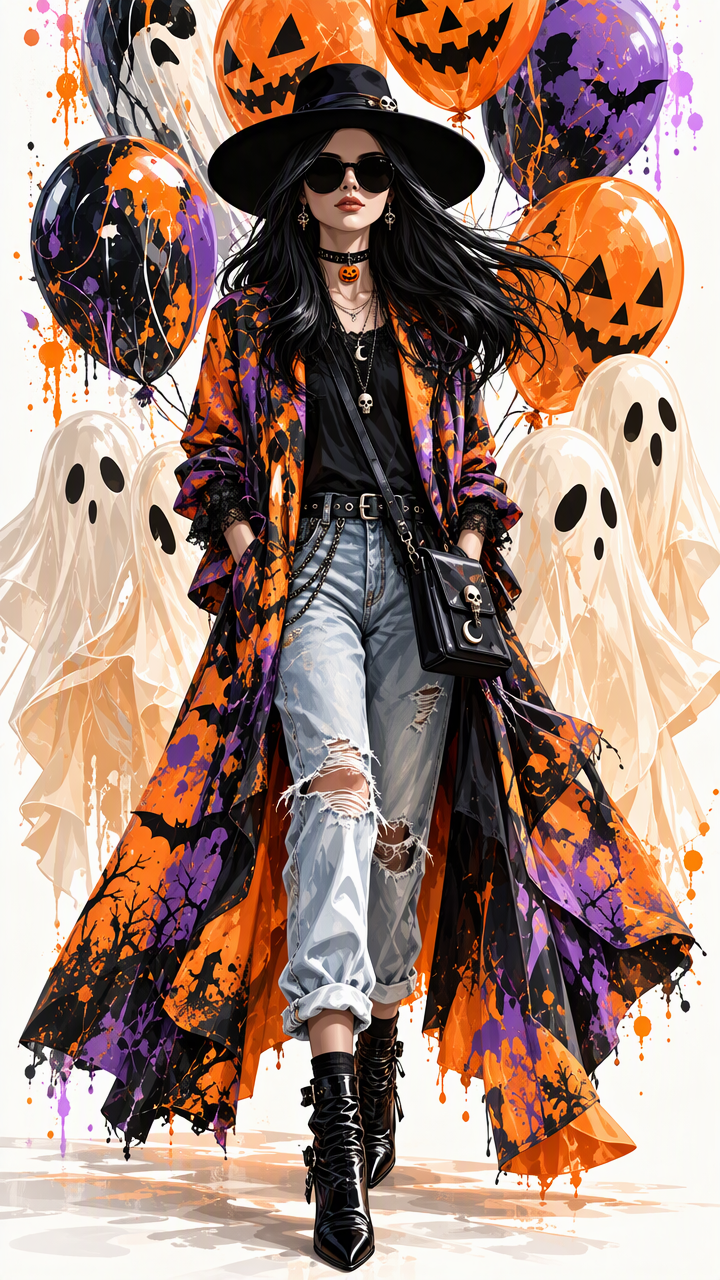 Stylish modern Halloween witch stands surrounded by jack-o-lantern balloons and floating friendly ghosts