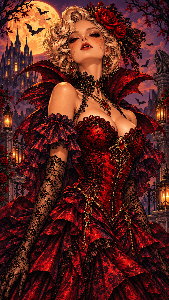 Regal blonde vampire in an ornate red lace gown stands beneath a full moon by a gothic castle