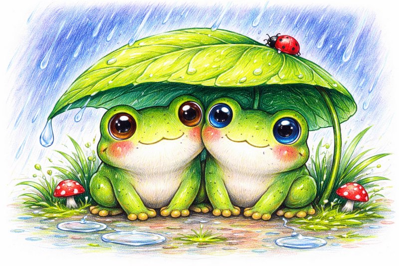 Two cute frogs cuddle under a large leafy umbrella in the rain, with a ladybug on the leaf.