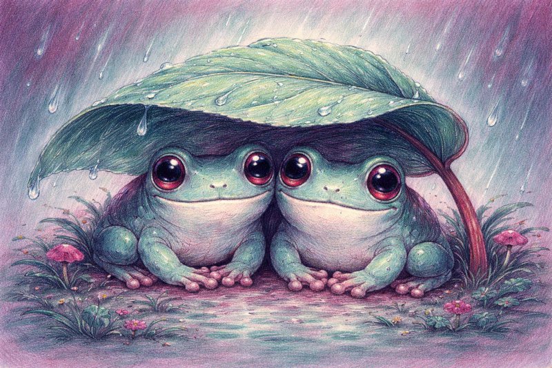 Two adorable frogs cuddled under a large leaf in the rain.