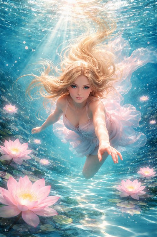 Underwater woman in a flowing pink dress reaching toward the camera among pink water lilies.