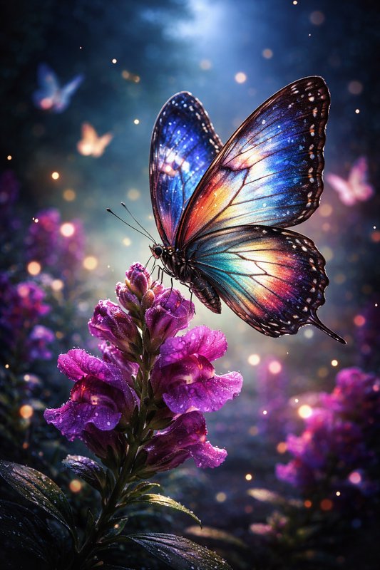 Colorful butterfly perched on purple flowers in a magical, glowing garden.