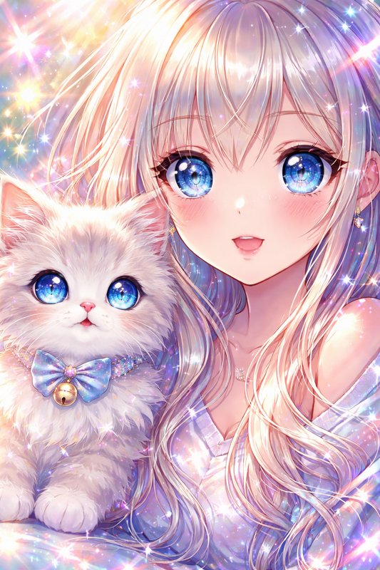 Anime-style girl with long blonde hair and sparkling blue eyes holding a fluffy white kitten.