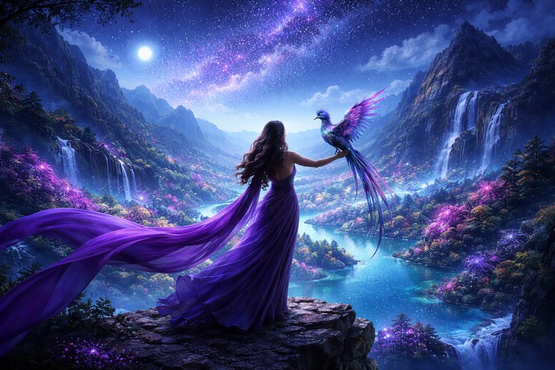 Fantasy woman in a flowing purple gown on a cliff, reaching toward a vibrant bird over a luminous valley.