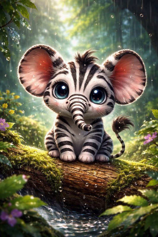 Cute baby zebra-striped creature with oversized ears sits on a mossy log in a rainy tropical forest.