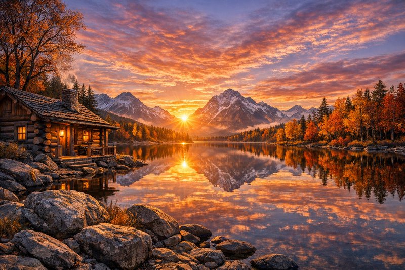 Autumn sunset over a mountain lake with a wooden cabin by the rocky shore.
