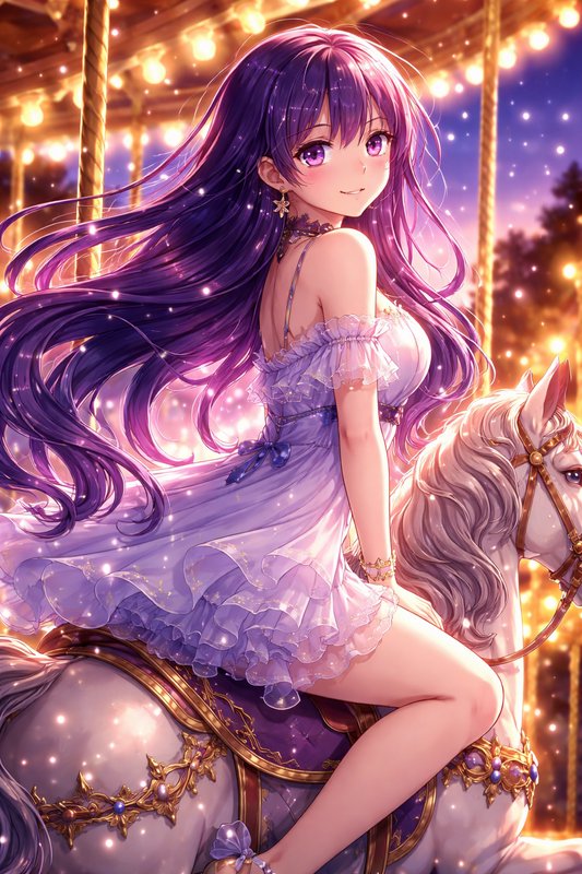 Anime-style girl with long purple hair in a sheer white dress riding a white horse under twinkling lights.