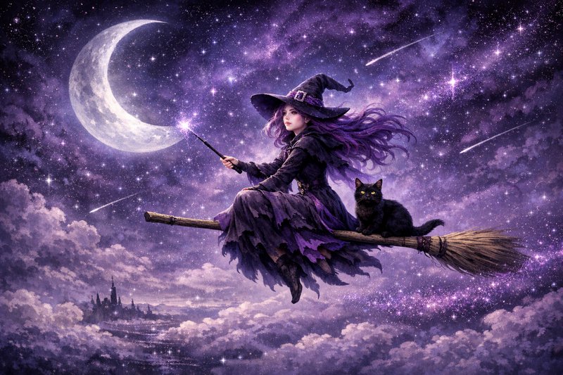 Young witch riding a broom with a black cat under a purple night sky.