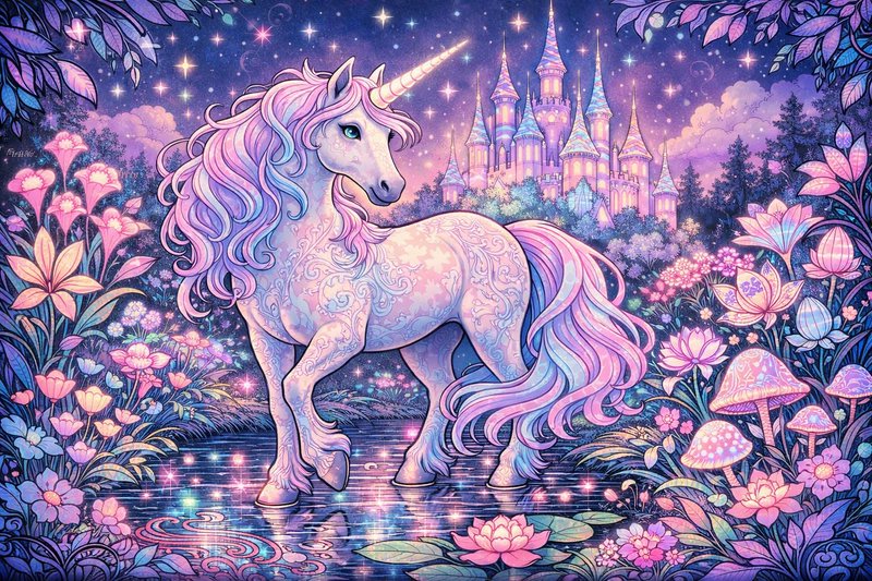 Pastel unicorn standing in a twilight pond among luminous flowers with a magical castle in the background