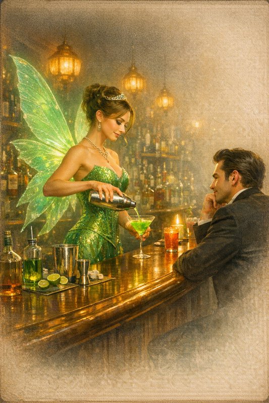 Fairy-tancy bartender with green wings pours a cocktail for a suited man at a warm vintage bar.