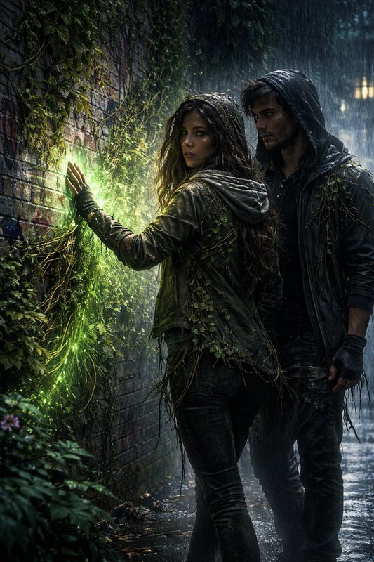 Two hooded figures in a rain-soaked alley as a woman touches a wall glowing with green energy.