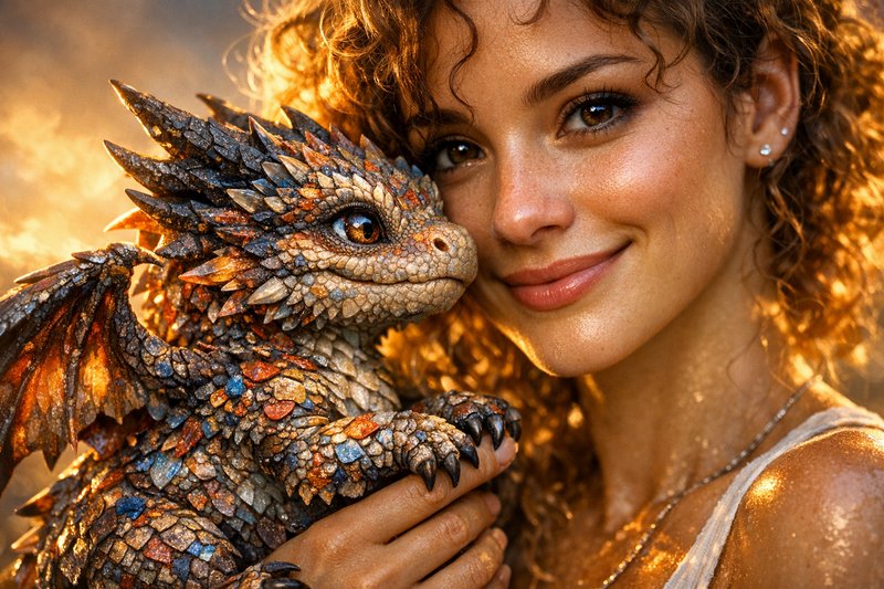 Smiling woman holding a small, colorful dragon-like lizard with shimmering scales.
