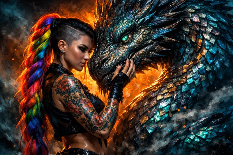 A tattooed woman with rainbow hair in a black outfit gently touching a blue-green dragon against a fiery smoky backdrop.
