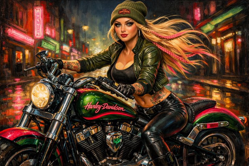 Stylish woman rides a green Harley-Davidson motorcycle at night under neon city lights.