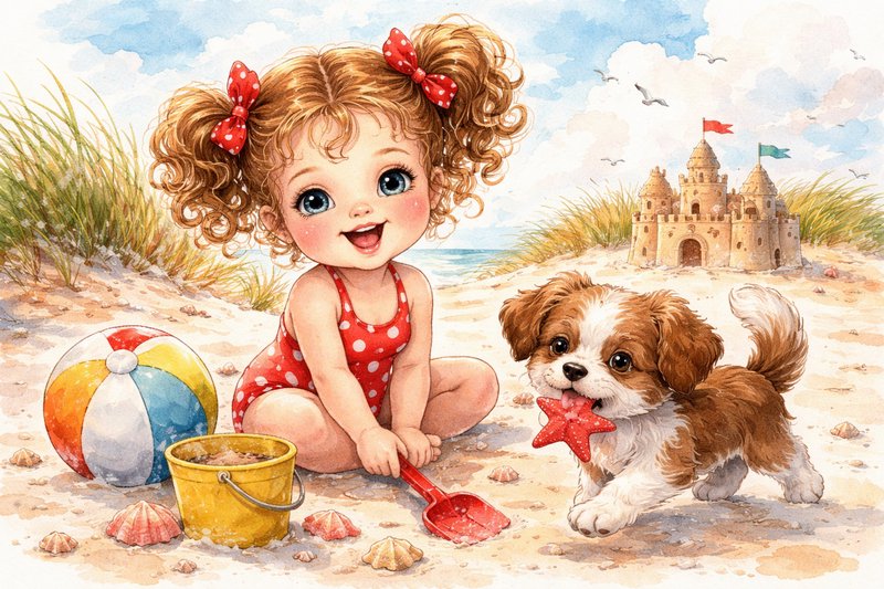 Cute toddler girl and puppy on the beach with sandcastle, toys, and seashells.