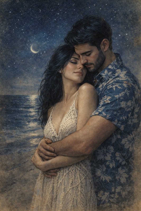 Romantic couple embracing on a moonlit beach under a starry sky.