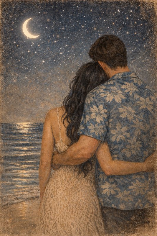 Couple embracing on a moonlit beach under a starry night sky with a crescent moon.