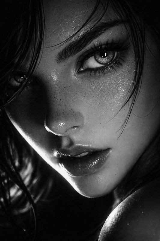 Close-up black-and-white portrait of a glossy, moody female face with intense gaze