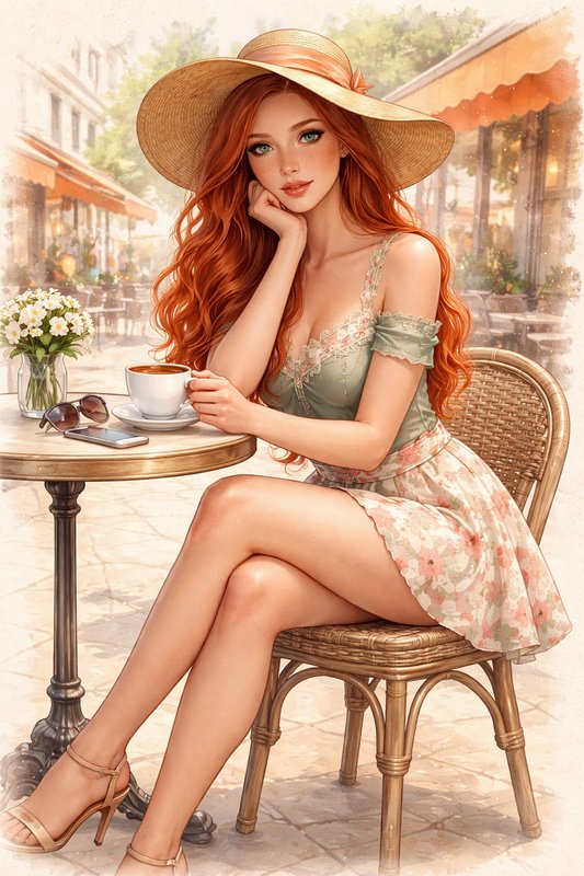 Stylish red-haired woman in a straw hat sits at an outdoor cafe table with coffee.