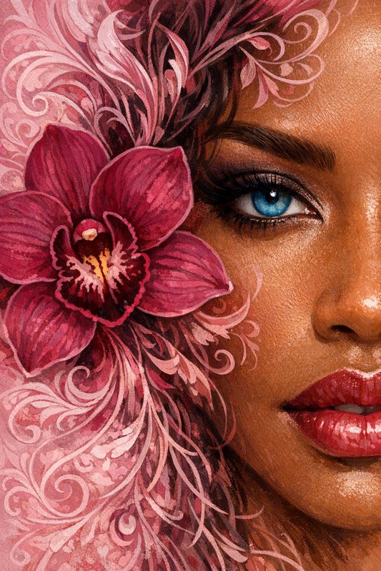 Close-up of a woman’s face with a vivid blue eye, pink orchid, and swirling floral patterns.