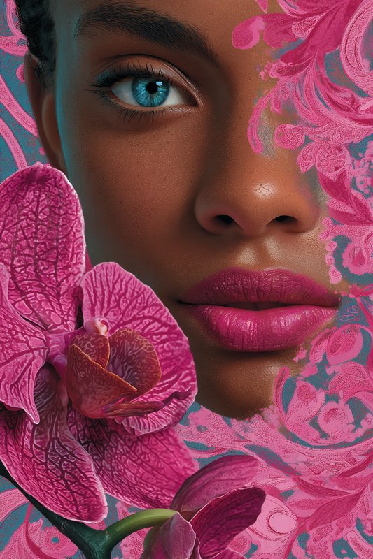 Close-up portrait of a woman with a blue eye, pink lips, and vibrant pink orchid flowers.