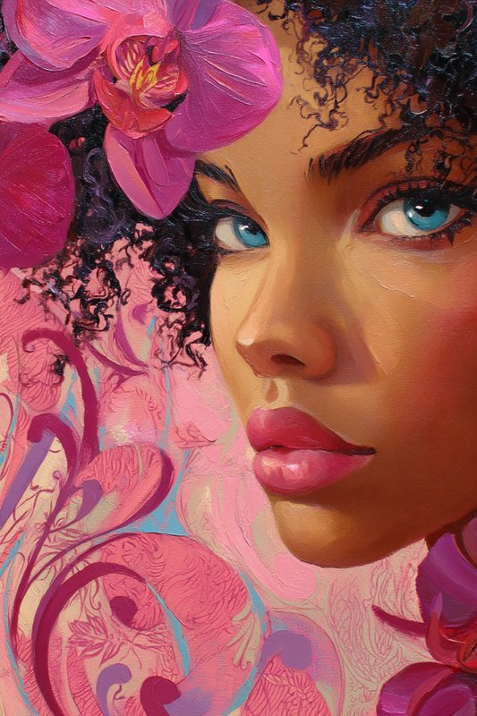 Close-up portrait of a woman with blue eyes and pink orchids in her curly hair.
