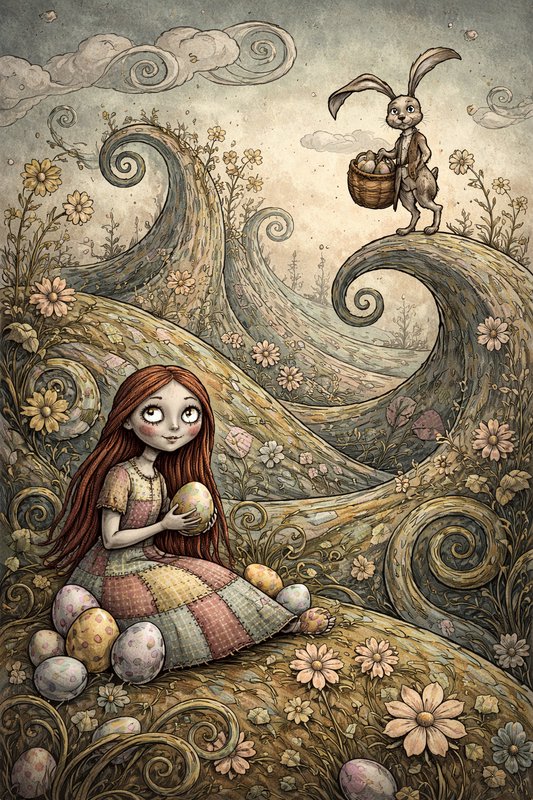 Whimsical illustration of a girl with red hair among flowers and pastel eggs, a bunny on a swirling hill with a basket.