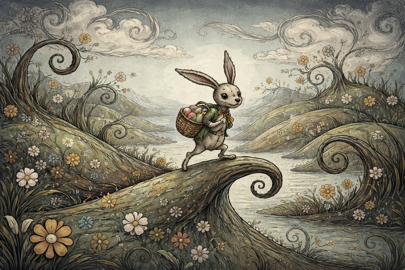 A whimsical rabbit with a basket crossing a winding, flower-filled hill in a dreamlike landscape