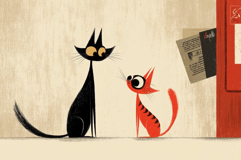 Stylized black cat and small orange cat talking on a sidewalk in a whimsical cartoon style