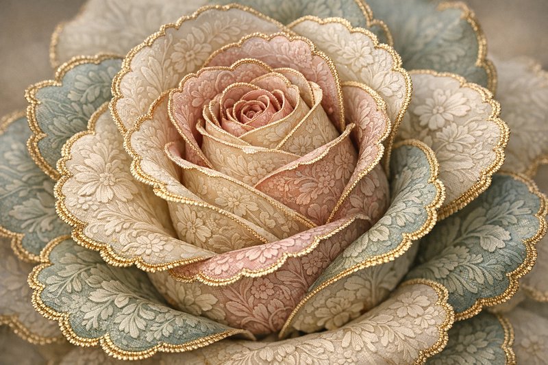 Close-up of a fabric rose with pink, cream, and teal petals edged in gold embroidery.