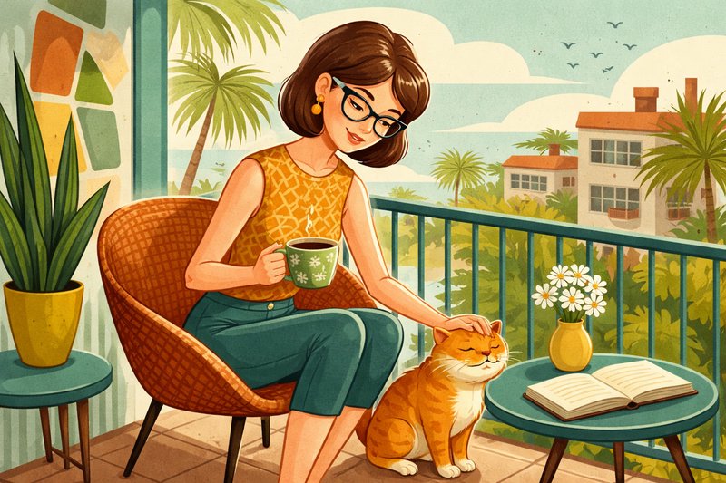 Illustration of a woman on a sunny balcony, sipping tea and petting an orange cat beside an open book.