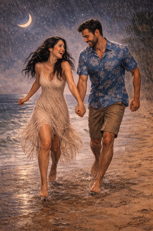 Couple holding hands and laughing as they run on a moonlit, rainy beach.