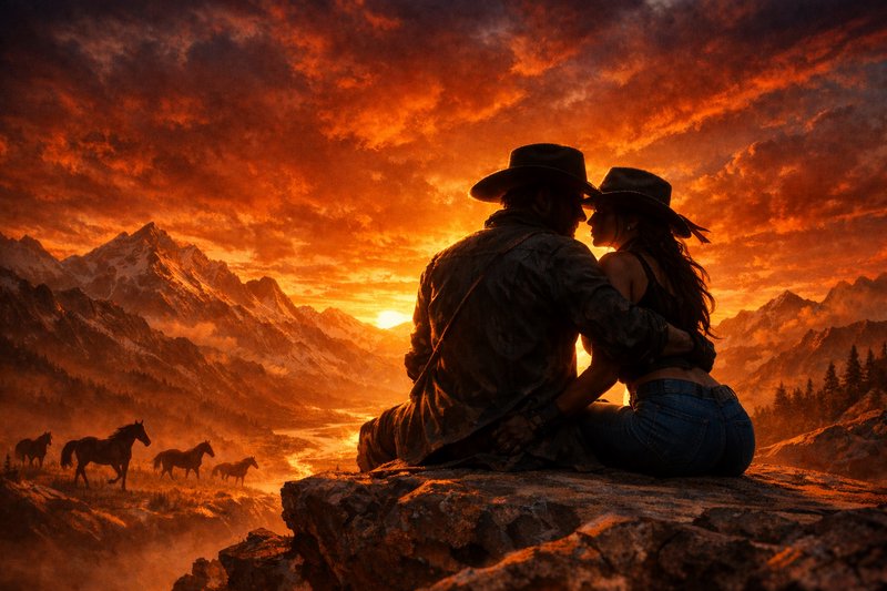Couple in cowboy hats embracing on a rocky ledge at a fiery sunset over rugged mountains.