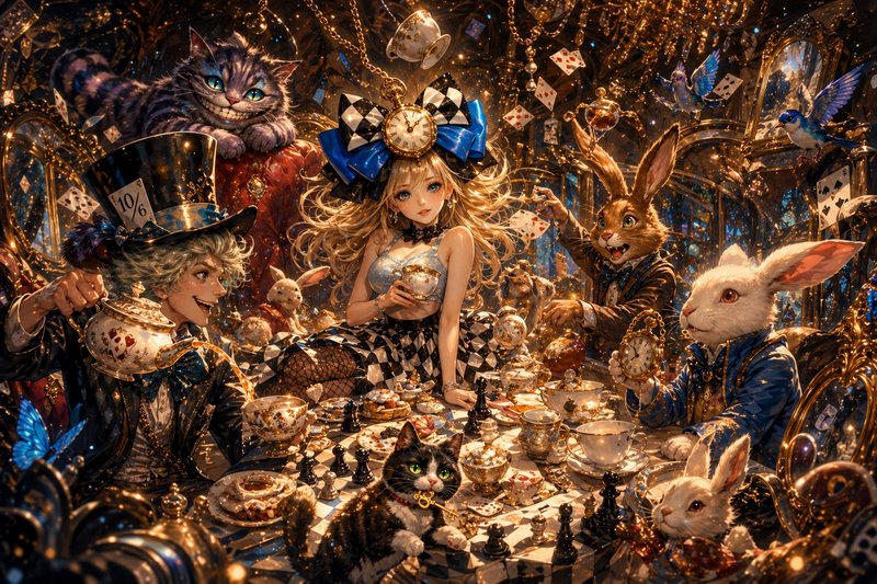 Cosplay fantasy tea party with a central girl amid anthropomorphic animals in an ornate gold setting.