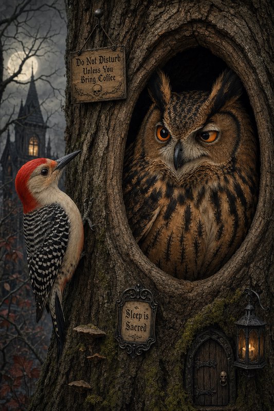 Owl peering from a hollow tree with a woodpecker beside it in a spooky, moonlit forest scene.