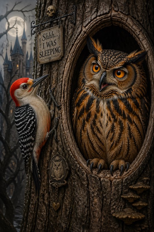 Owl peering from a carved tree hollow with a woodpecker perched outside at night.