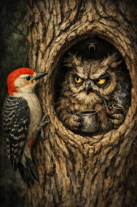 Red-headed woodpecker and a grumpy owl smoking a pipe in a tree hollow