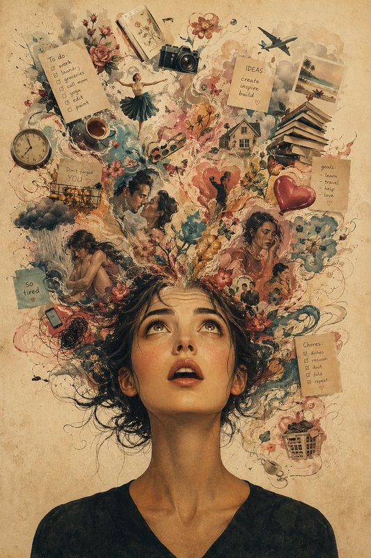 Portrait of a woman whose head bursts into a surreal collage of flowers, notes, and tiny scenes.