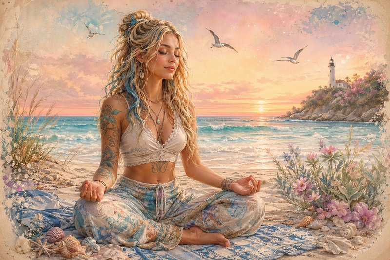 Woman meditating on a pastel sunset beach with seashells and a lighthouse in the distance.