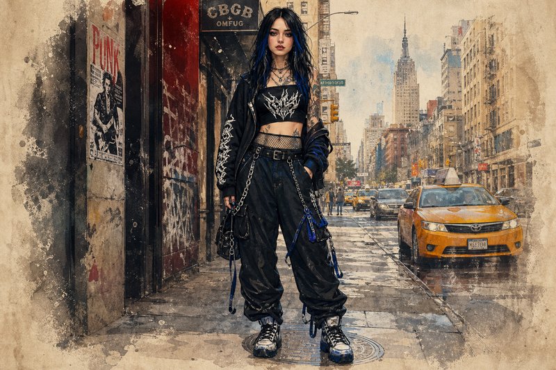 Gothic streetwear model with blue-black hair stands on a gritty NYC sidewalk.